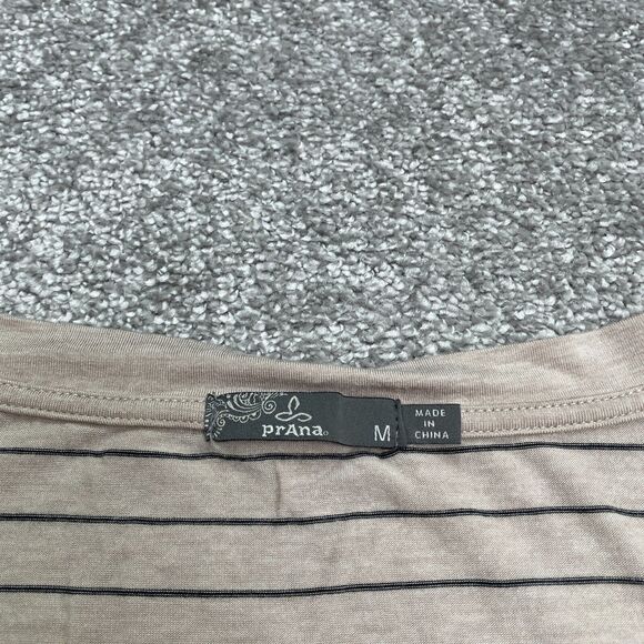 Prana Ruched Bodycon Midi Dress Womens Medium Beige Stripe V-Neck Stretch Casual - Picture 3 of 13